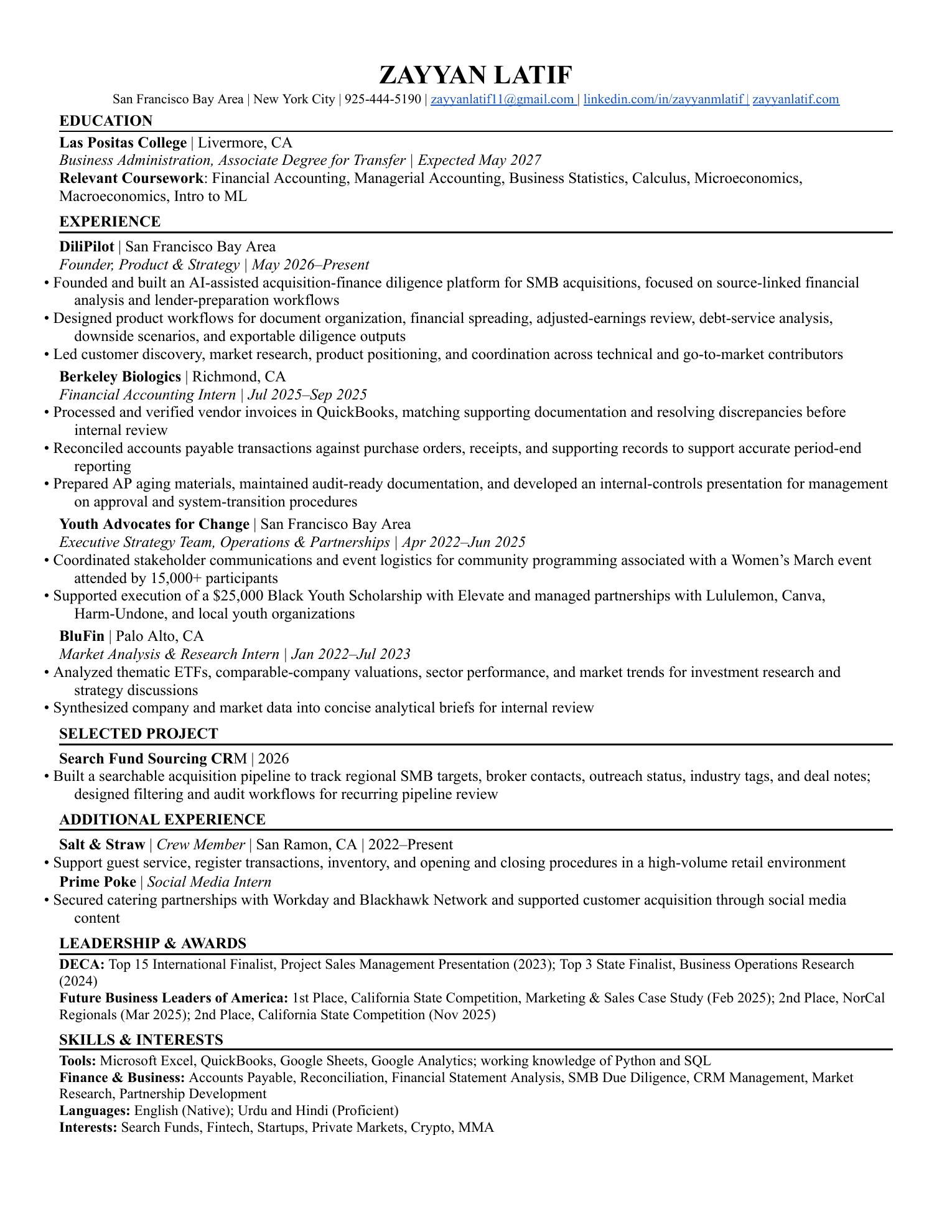 First page preview of Zayyan Latif's resume